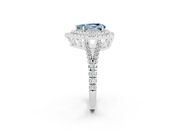 White gold Pear Cut Aquamarine Double Halo Ring with Pavé Band and Prong Setting