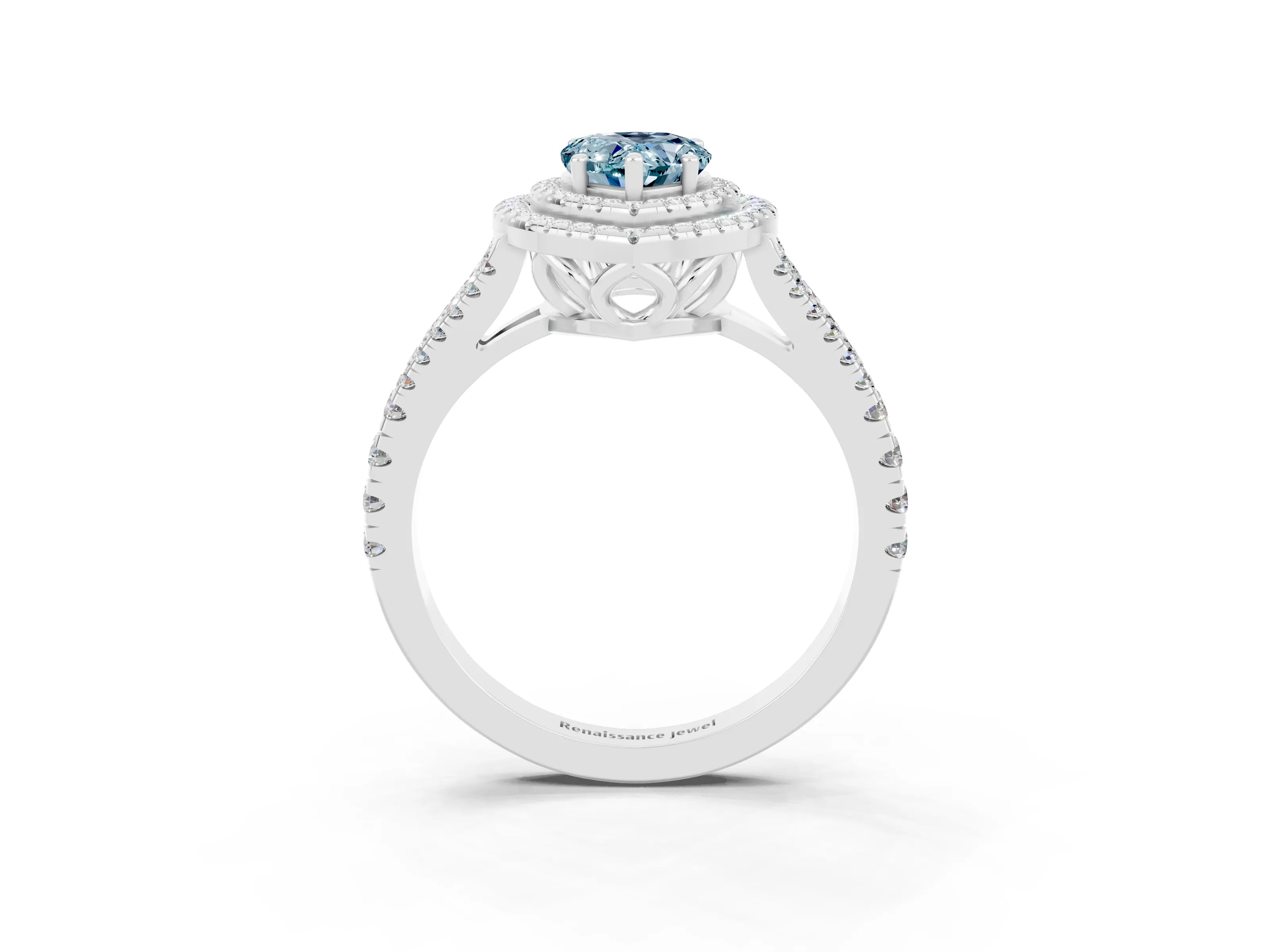 White gold Pear Cut Aquamarine Double Halo Ring with Pavé Band and Prong Setting_15