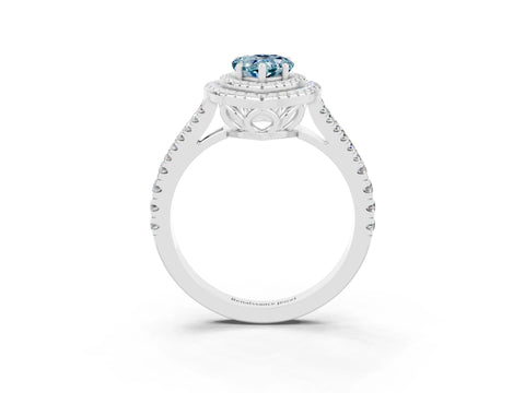 White gold Pear Cut Aquamarine Double Halo Ring with Pavé Band and Prong Setting_15