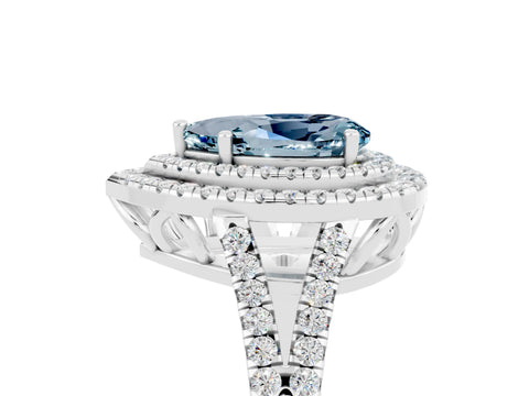 White gold Pear Cut Aquamarine Double Halo Ring with Pavé Band and Prong Setting_17