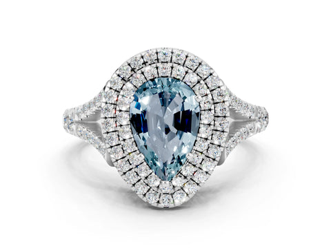 White gold Pear Cut Aquamarine Double Halo Ring with Split Shank and Prong Setting_12