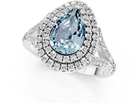 White gold Pear Cut Aquamarine Double Halo Ring with Split Shank and Prong Setting_13