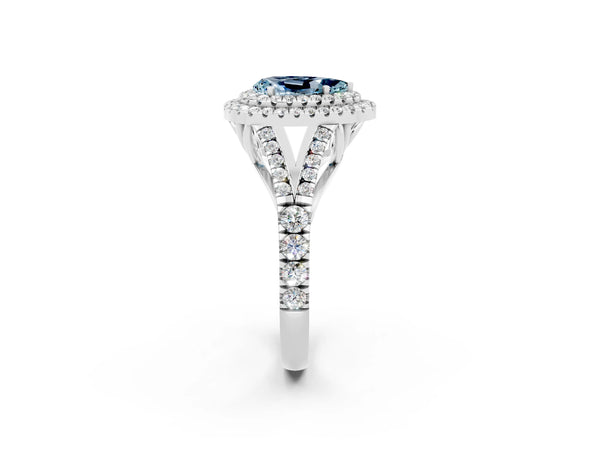 Platinum Pear Cut Aquamarine Double Halo Ring with Split Shank and Prong Setting