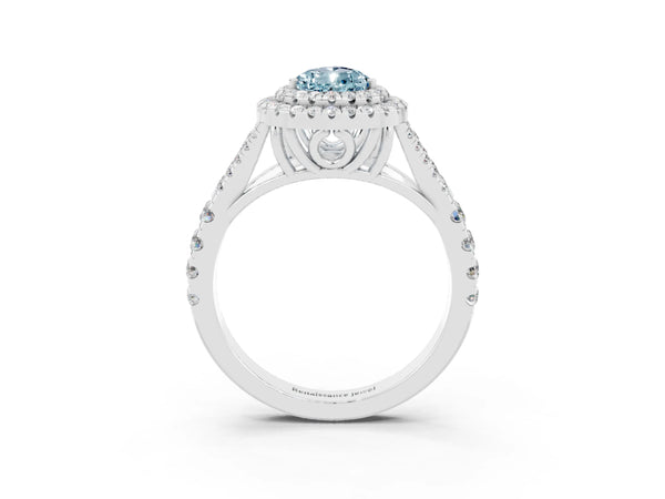 Silver Pear Cut Aquamarine Double Halo Ring with Split Shank and Prong Setting