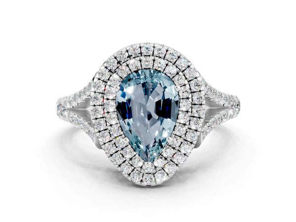 White gold Pear Cut Aquamarine Double Halo Ring with Split Shank and Prong Setting