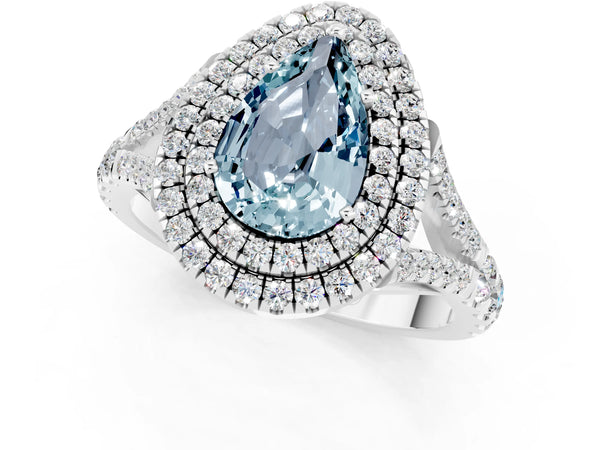 White gold Pear Cut Aquamarine Double Halo Ring with Split Shank and Prong Setting