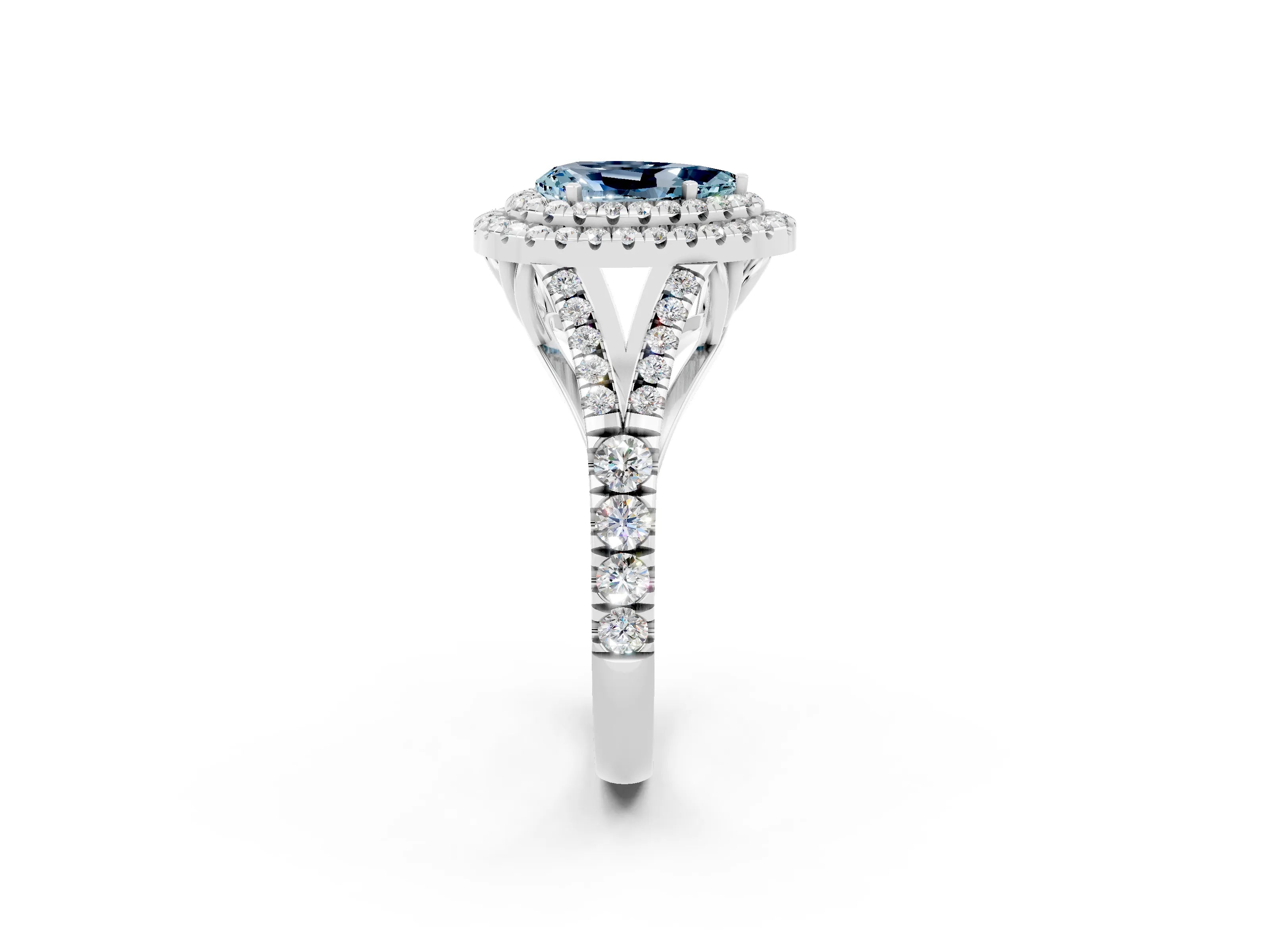 White gold Pear Cut Aquamarine Double Halo Ring with Split Shank and Prong Setting_26