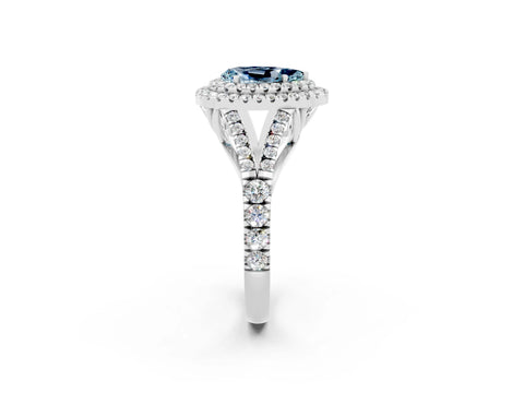 White gold Pear Cut Aquamarine Double Halo Ring with Split Shank and Prong Setting_26
