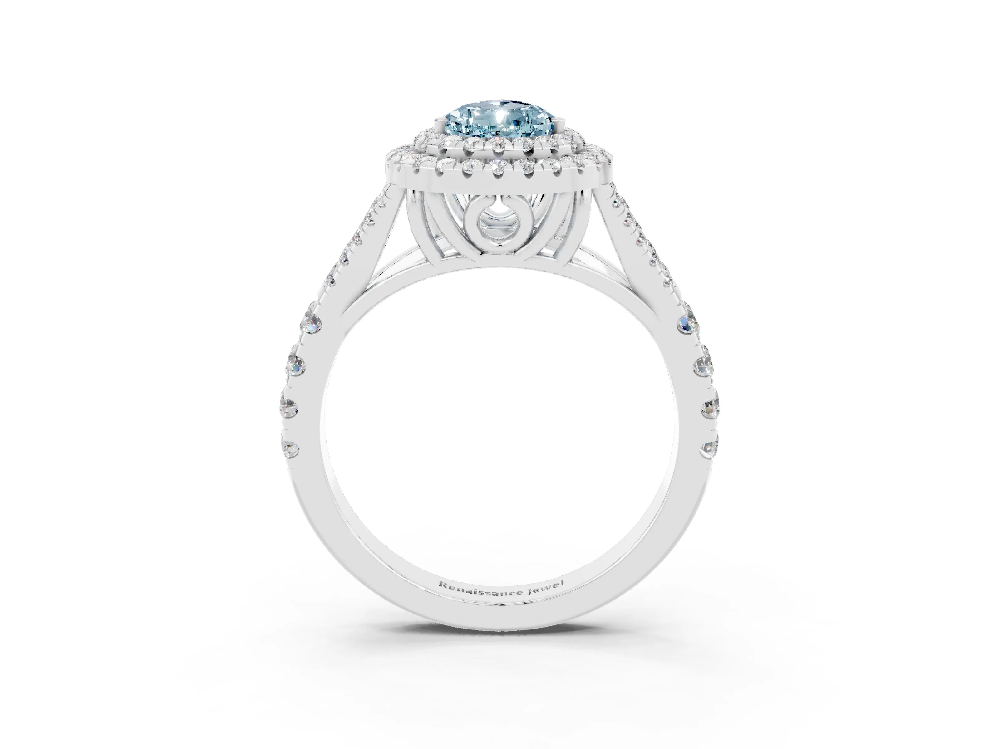 White gold Pear Cut Aquamarine Double Halo Ring with Split Shank and Prong Setting_27