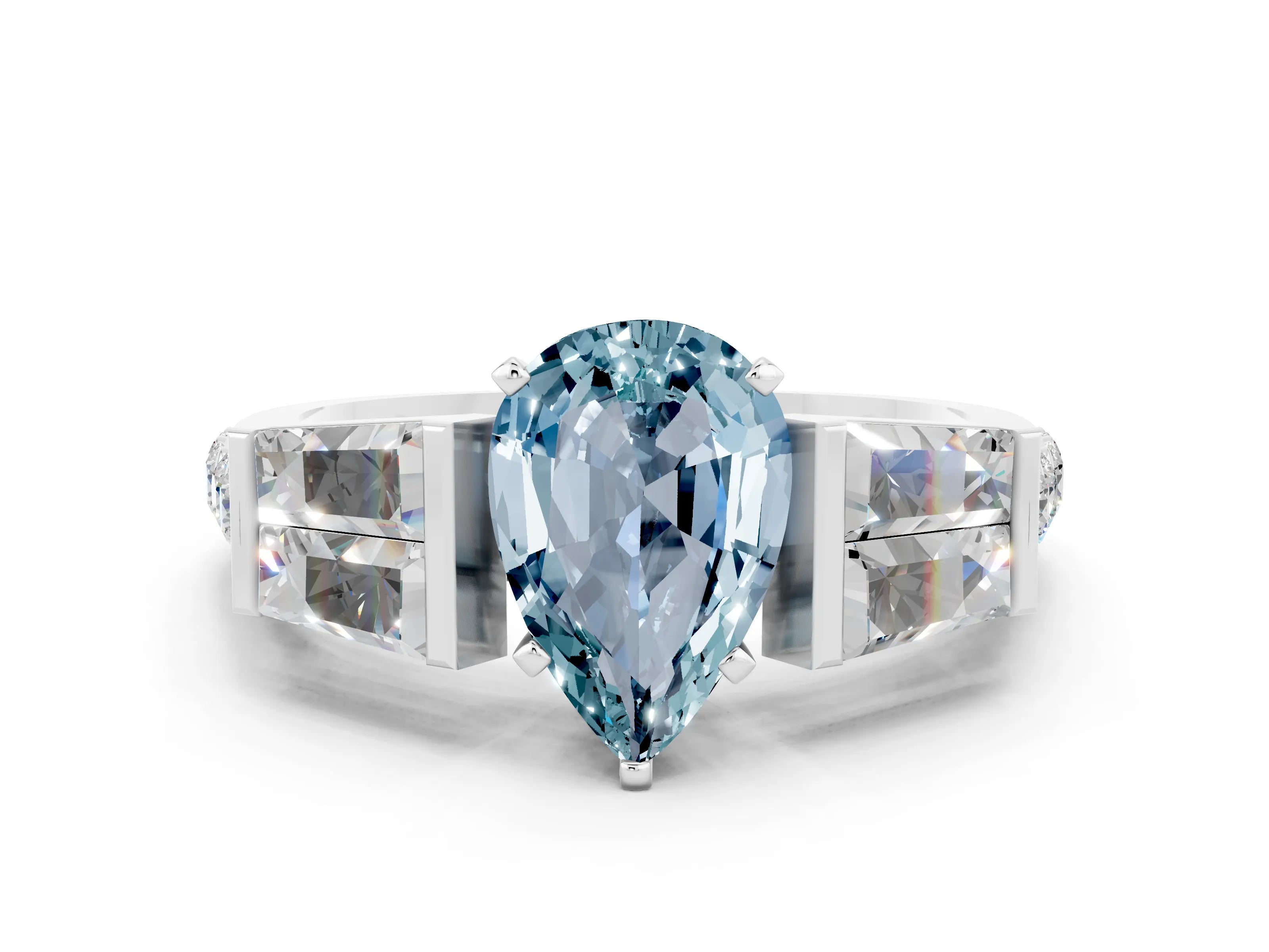 White gold Pear Cut Aquamarine Engagement Ring with Baguette Side Stones and Channel Set Band