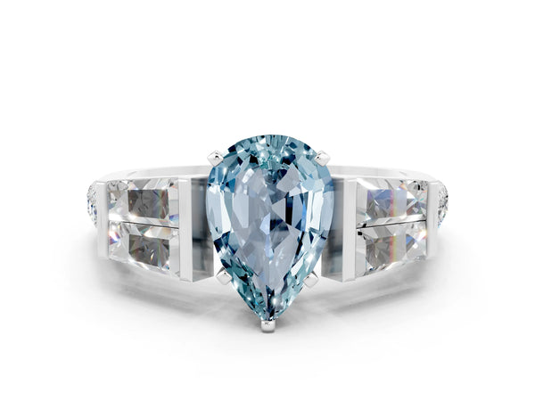 Platinum Pear Cut Aquamarine Engagement Ring with Baguette Side Stones and Channel Set Band