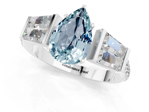 White gold Pear Cut Aquamarine Engagement Ring with Baguette Side Stones and Channel Set Band_1