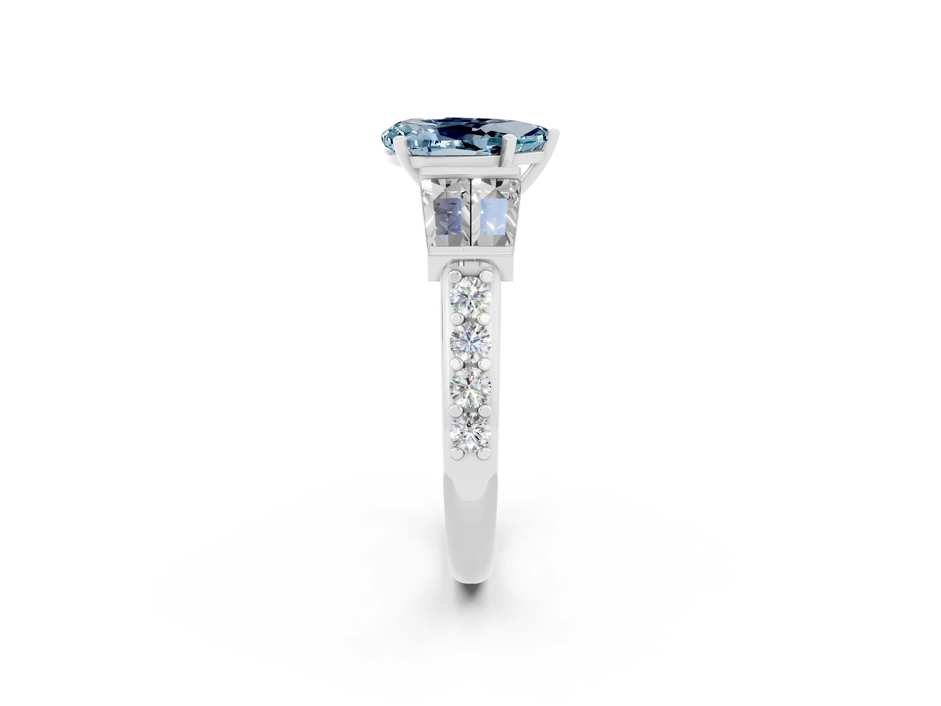 White gold Pear Cut Aquamarine Engagement Ring with Baguette Side Stones and Channel Set Band_2