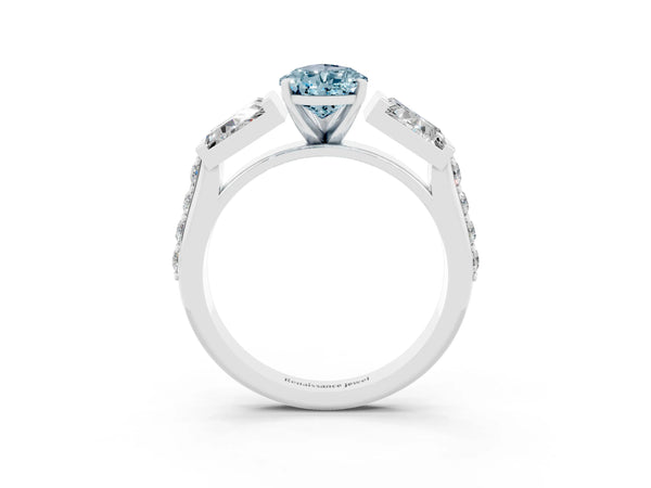 Platinum Pear Cut Aquamarine Engagement Ring with Baguette Side Stones and Channel Set Band