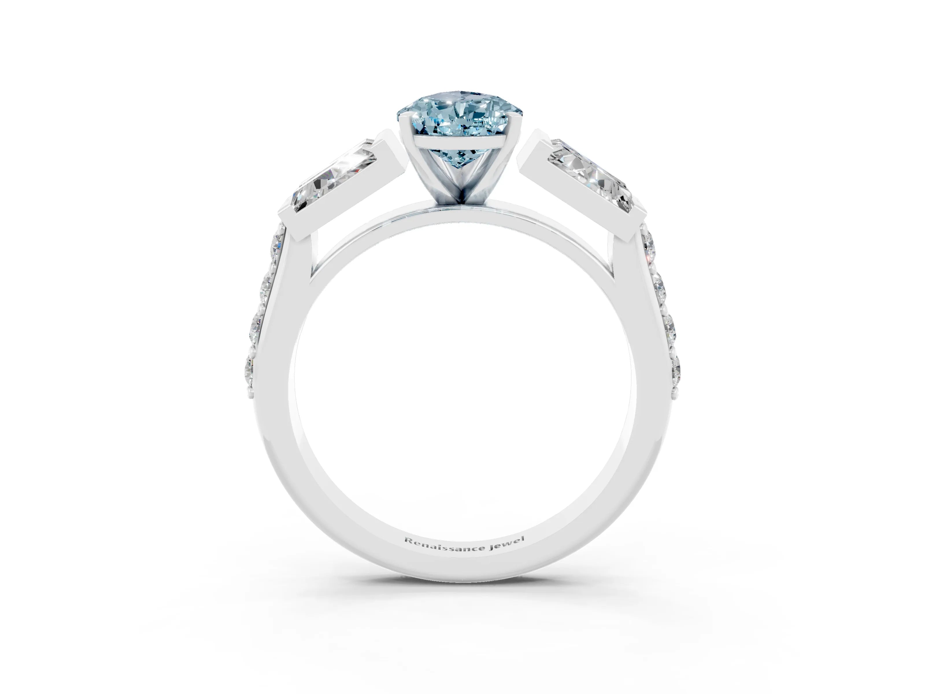 White gold Pear Cut Aquamarine Engagement Ring with Baguette Side Stones and Channel Set Band_3