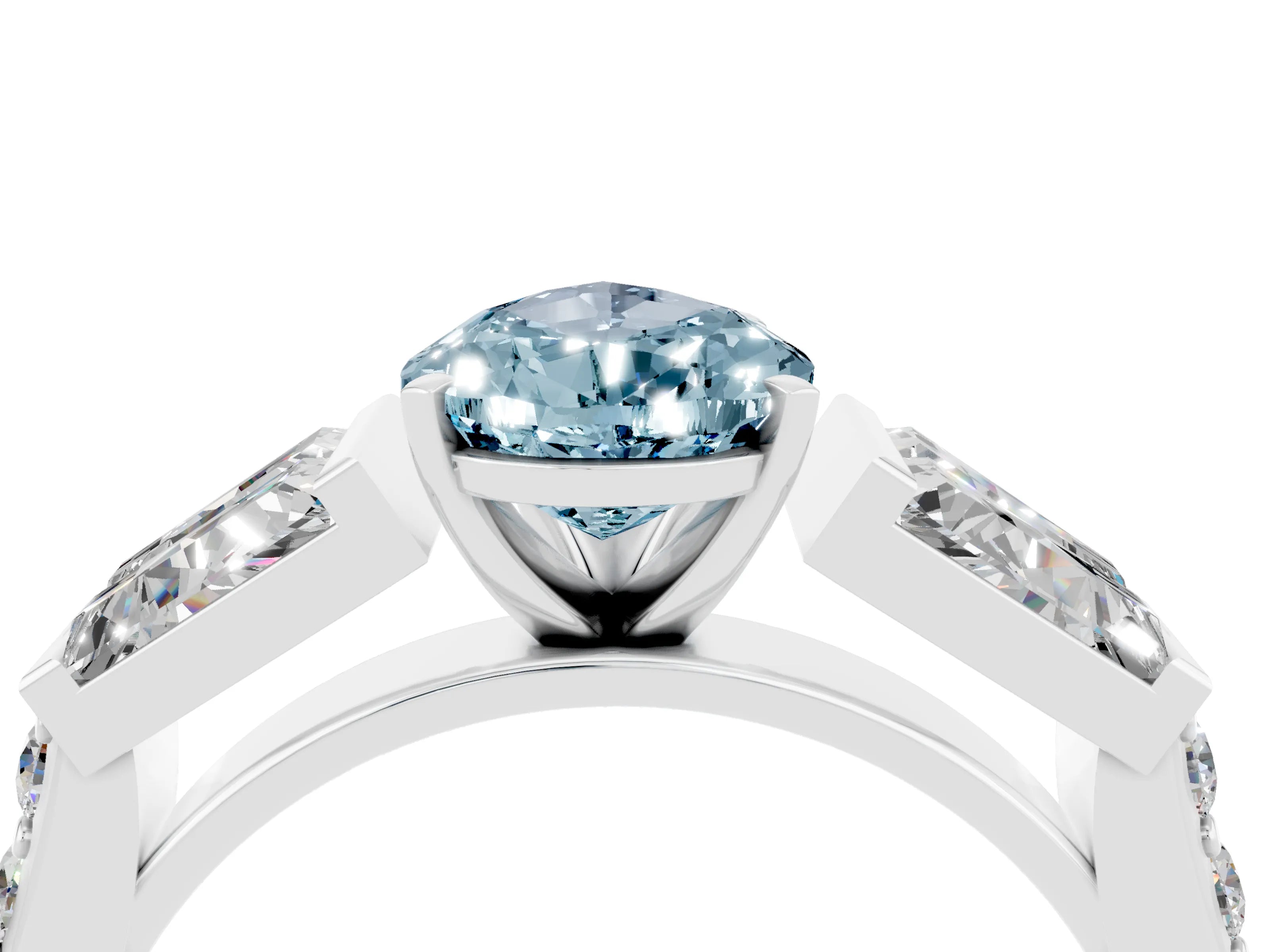 White gold Pear Cut Aquamarine Engagement Ring with Baguette Side Stones and Channel Set Band_4