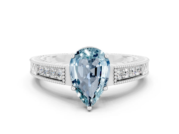 Platinum Pear Cut Aquamarine Engagement Ring with Milgrain Channel Set Band and Prong Setting