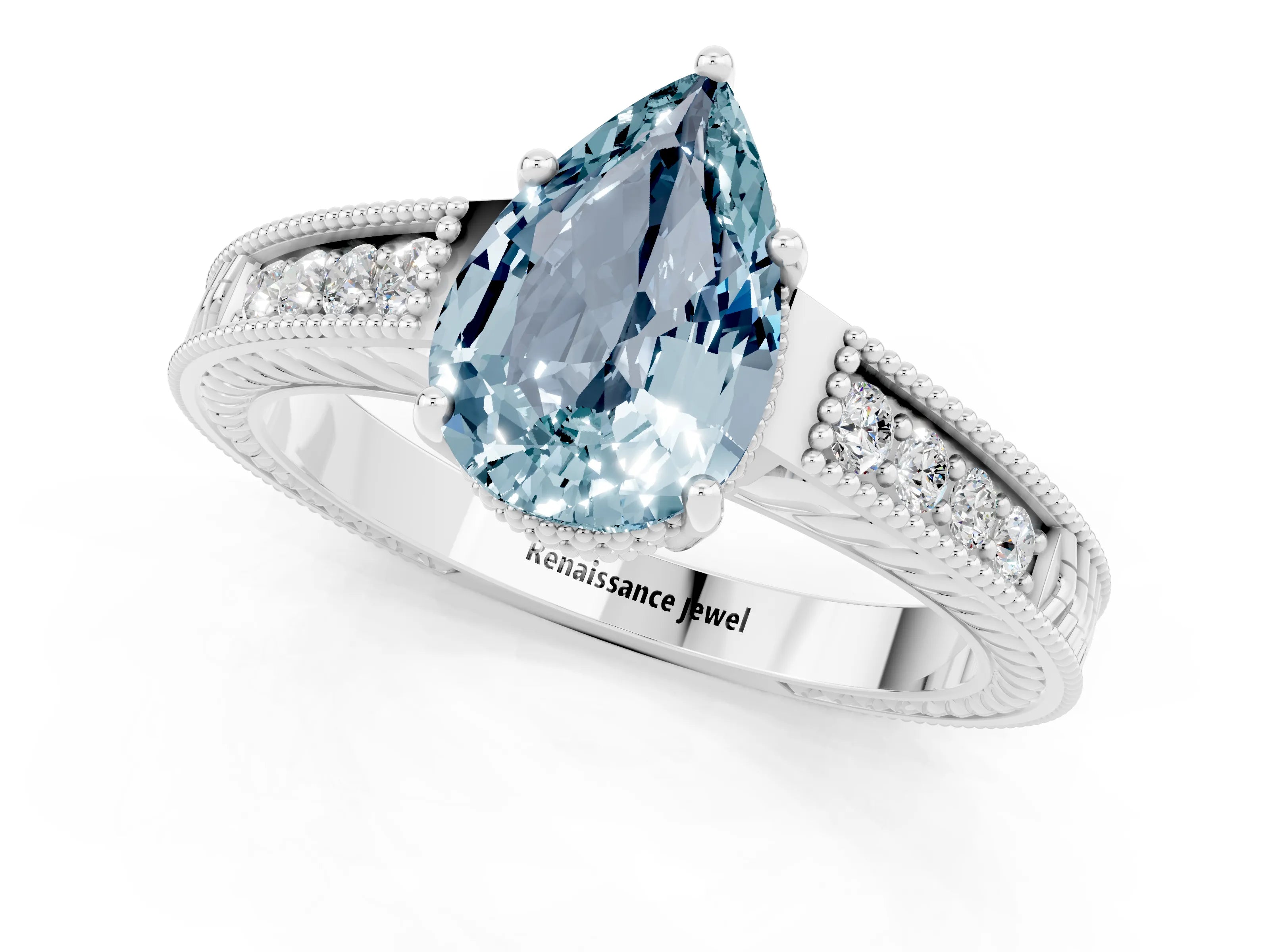 White gold Pear Cut Aquamarine Engagement Ring with Milgrain Channel Set Band and Prong Setting_1