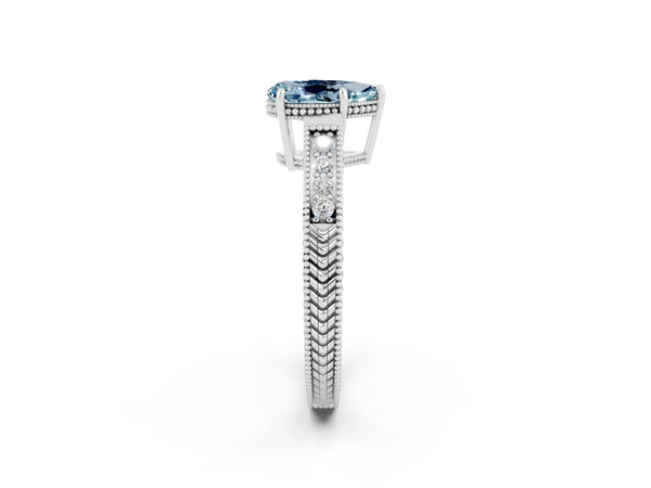 White gold Pear Cut Aquamarine Engagement Ring with Milgrain Channel Set Band and Prong Setting