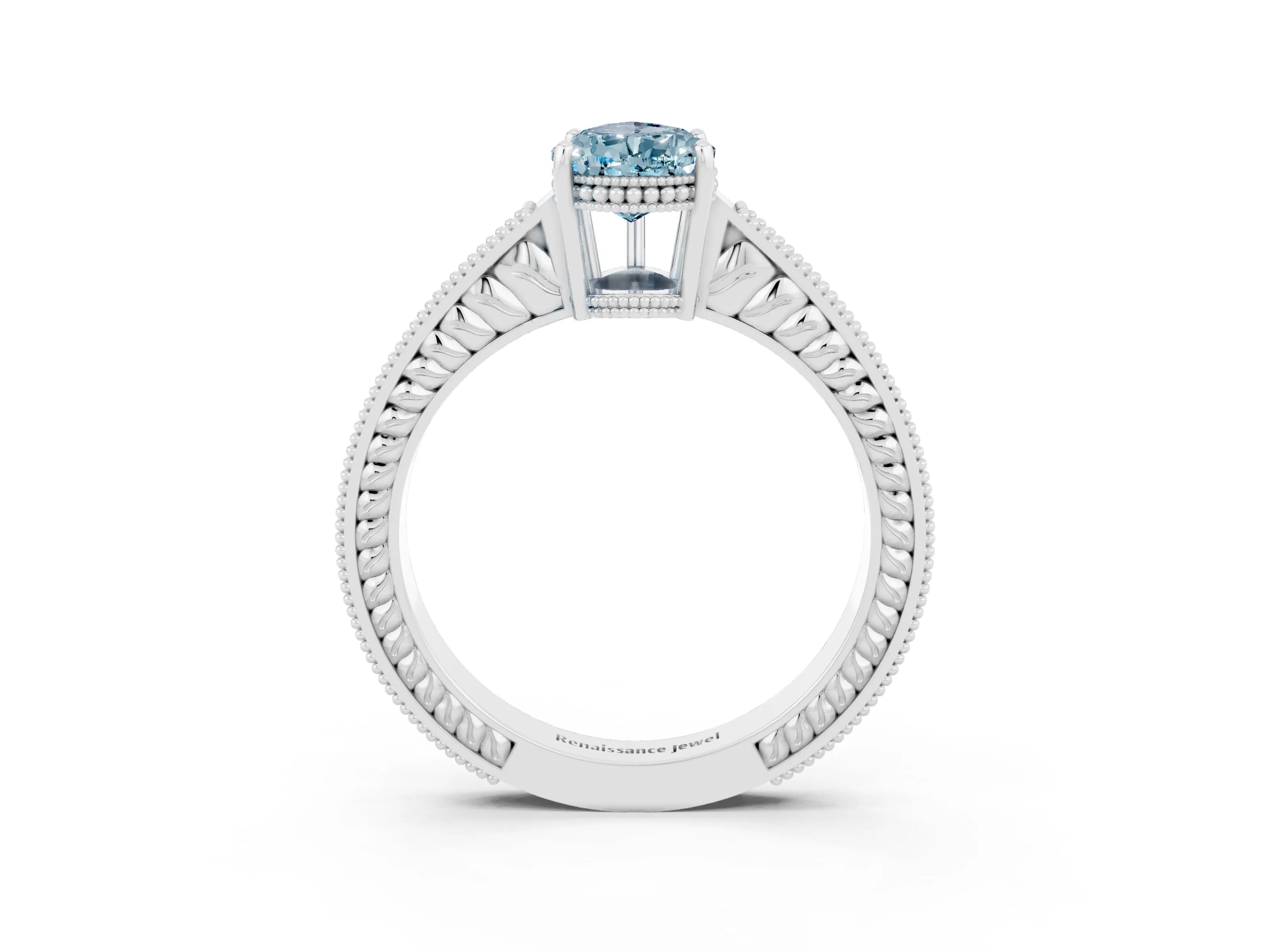 White gold Pear Cut Aquamarine Engagement Ring with Milgrain Channel Set Band and Prong Setting_3