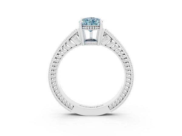 Silver Pear Cut Aquamarine Engagement Ring with Milgrain Channel Set Band and Prong Setting