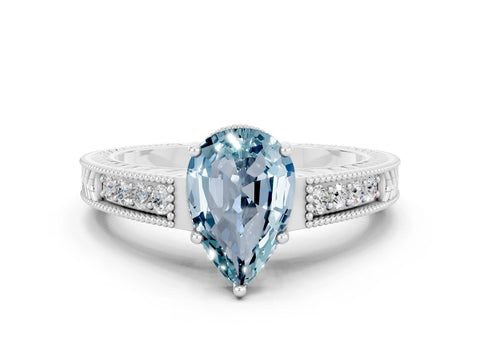 White gold Pear Cut Aquamarine Engagement Ring with Milgrain Channel Set Band and Prong Setting