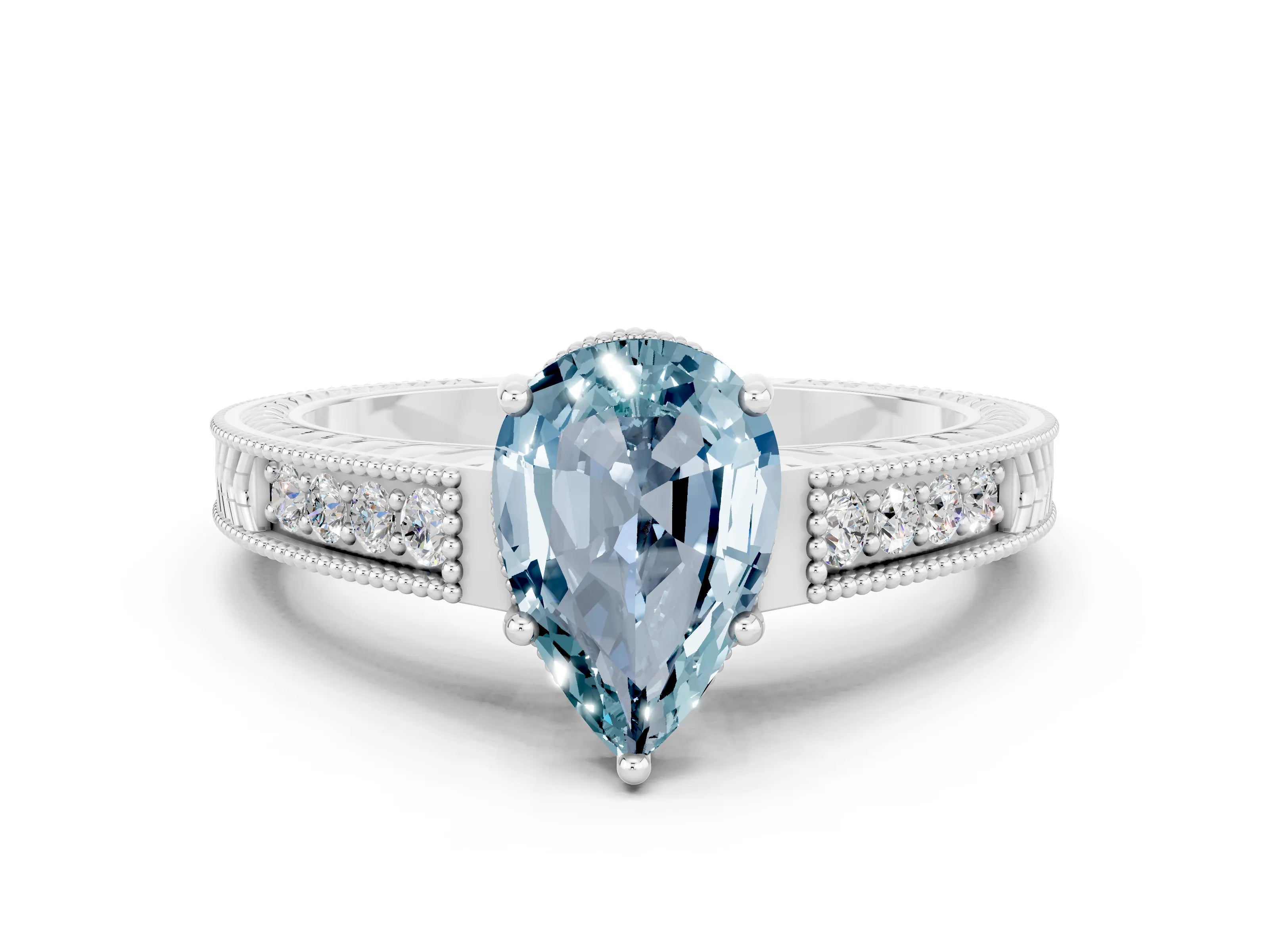 White gold Pear Cut Aquamarine Engagement Ring with Milgrain Channel Set Band and Prong Setting