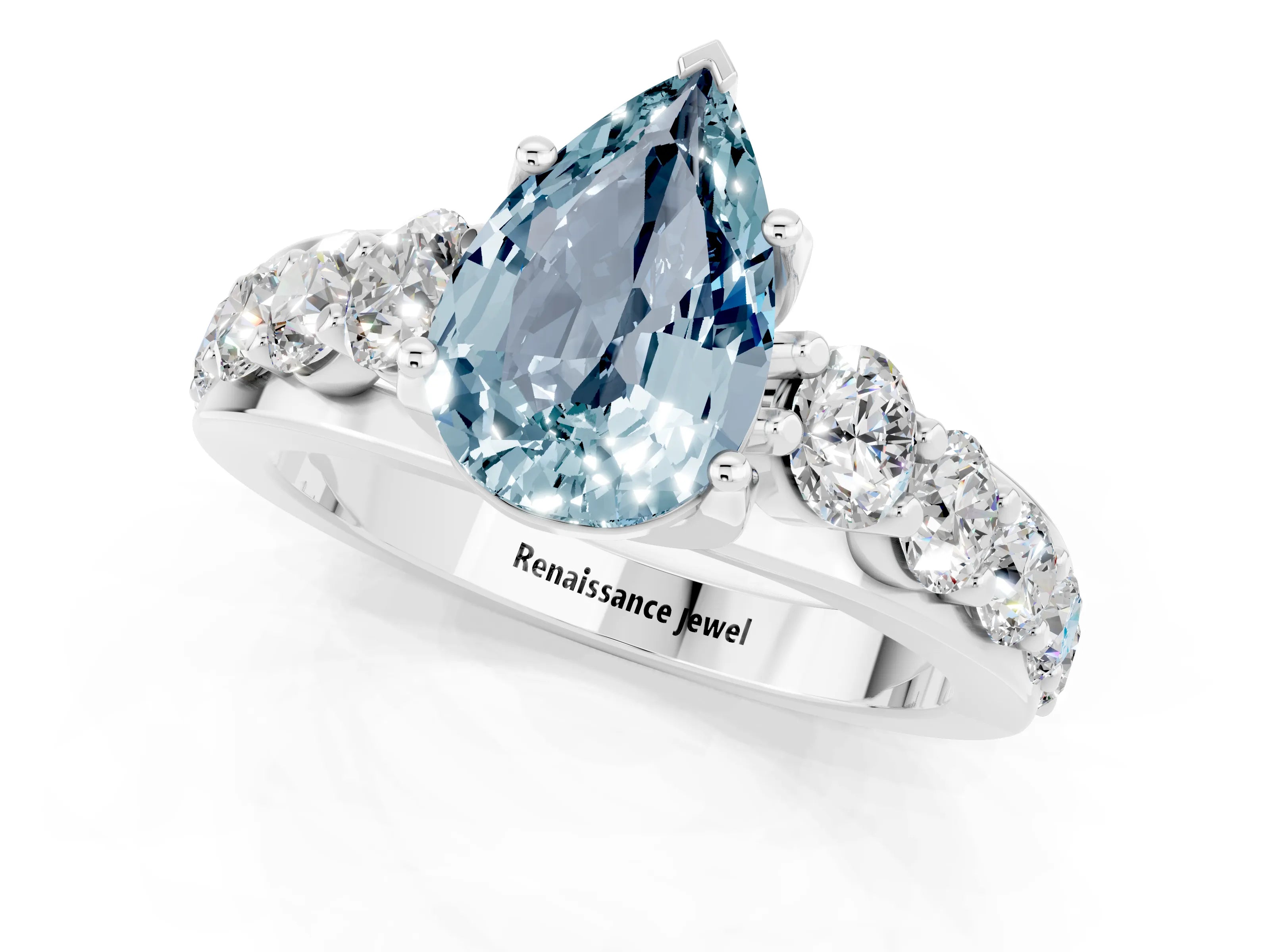 White gold Pear Cut Aquamarine Engagement Ring with Pavé Band and Four-Prong Setting_1
