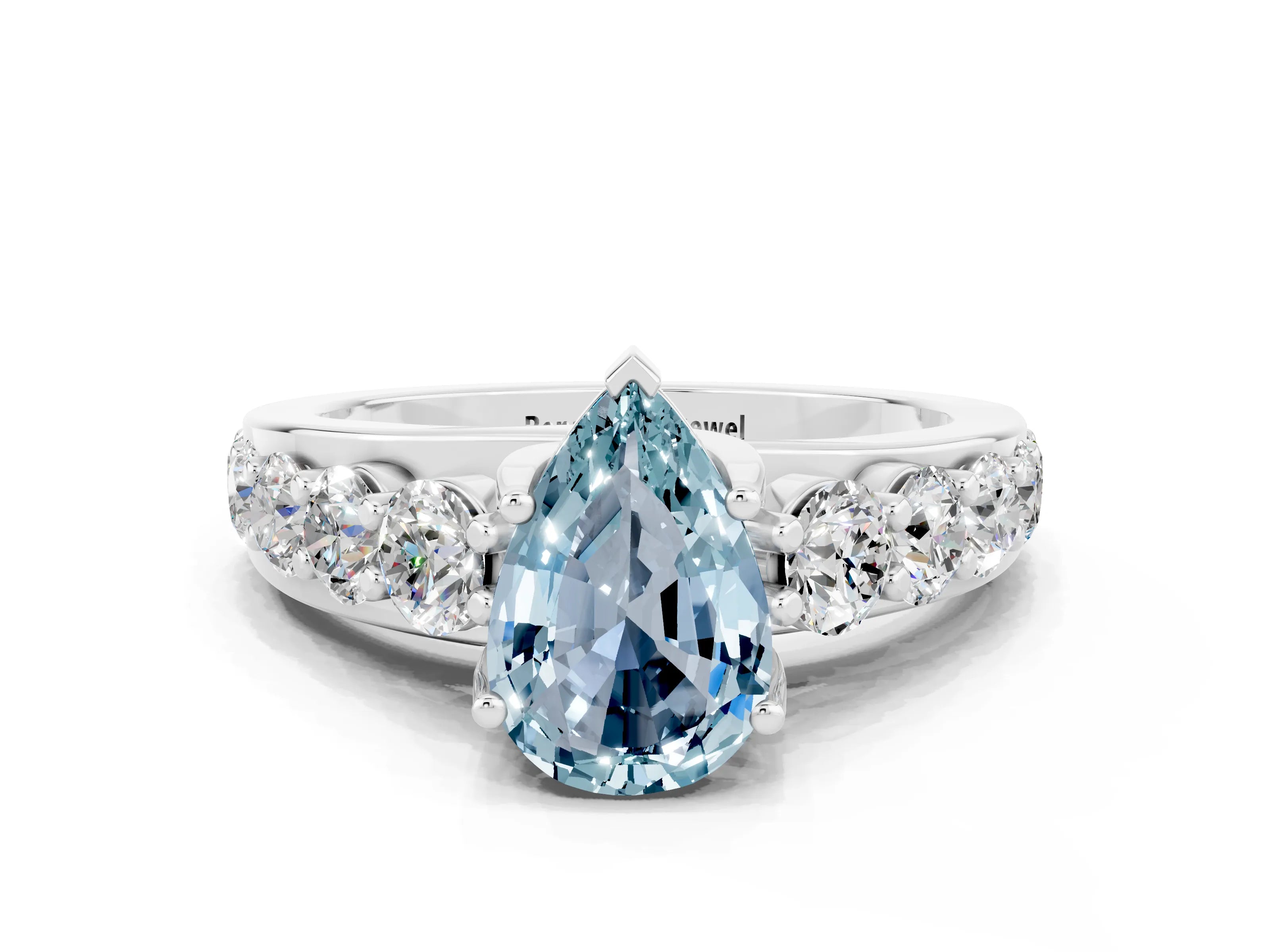 White gold Pear Cut Aquamarine Engagement Ring with Pavé Band and Four-Prong Setting