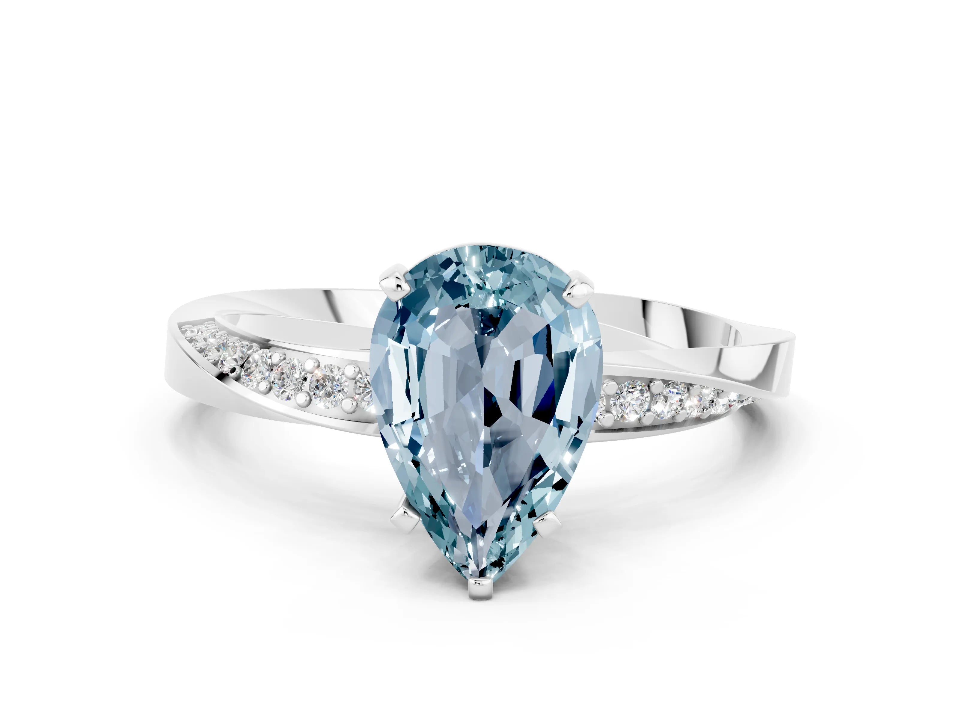 White gold Pear Cut Aquamarine Engagement Ring with Side Stone Accents and Four-Prong Setting_27