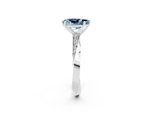 Silver Pear Cut Aquamarine Engagement Ring with Side Stone Accents and Four-Prong Setting