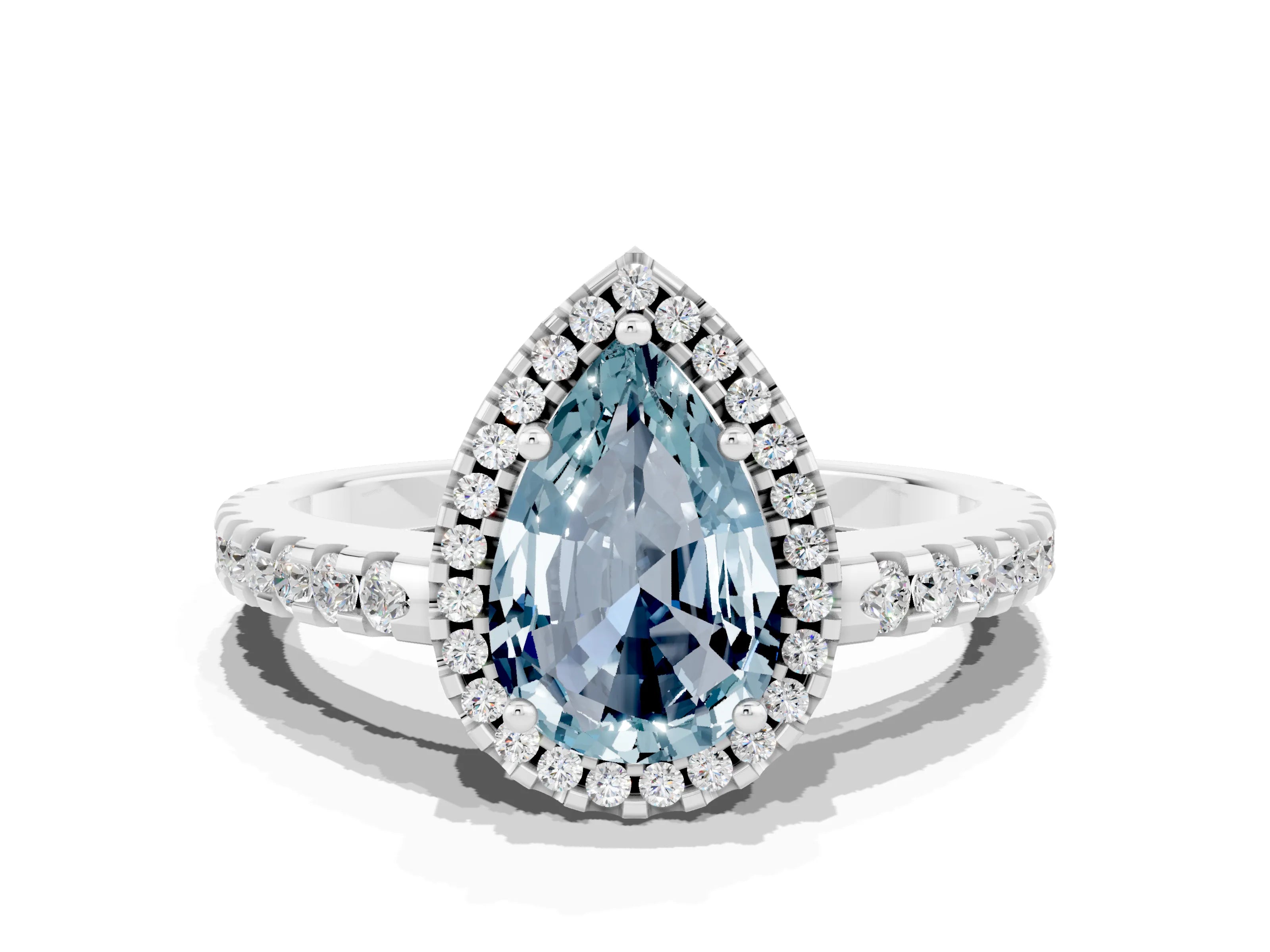White gold Pear Cut Aquamarine Halo Engagement Ring with Pavé Band and Prong Setting_12