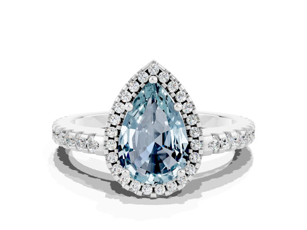 White gold Pear Cut Aquamarine Halo Engagement Ring with Pavé Band and Prong Setting