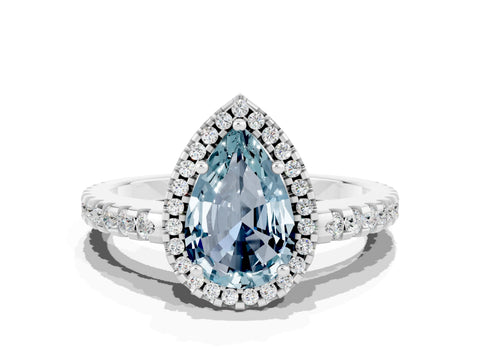 White gold Pear Cut Aquamarine Halo Engagement Ring with Pavé Band and Prong Setting_12