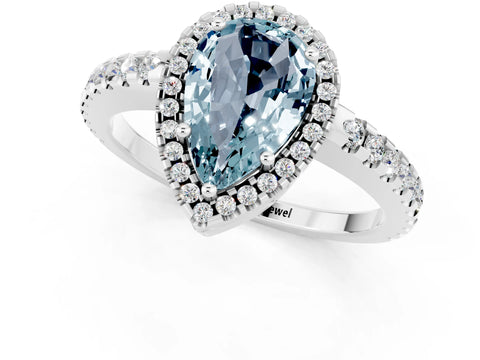 White gold Pear Cut Aquamarine Halo Engagement Ring with Pavé Band and Prong Setting_13