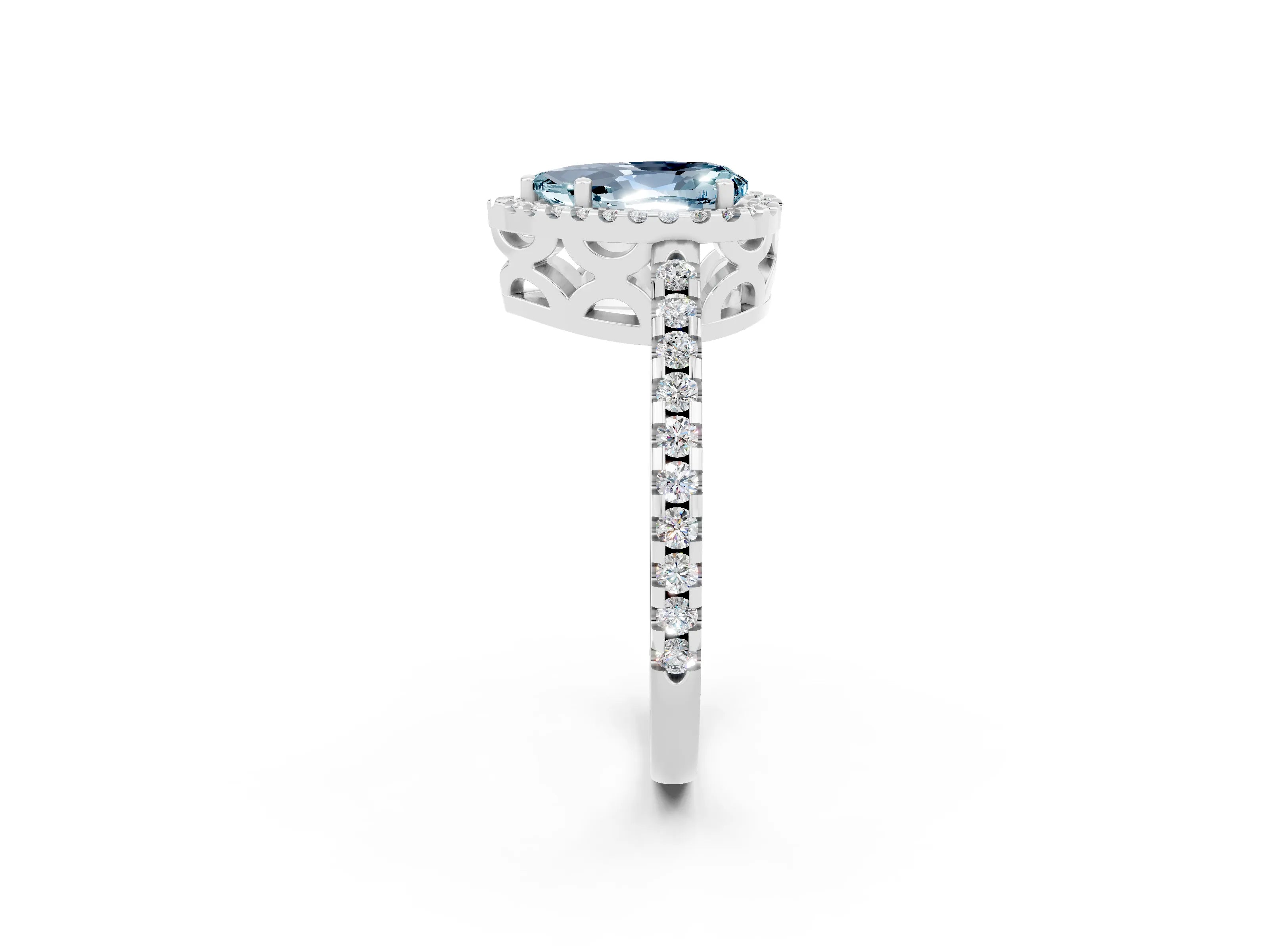White gold Pear Cut Aquamarine Halo Engagement Ring with Pavé Band and Prong Setting_14