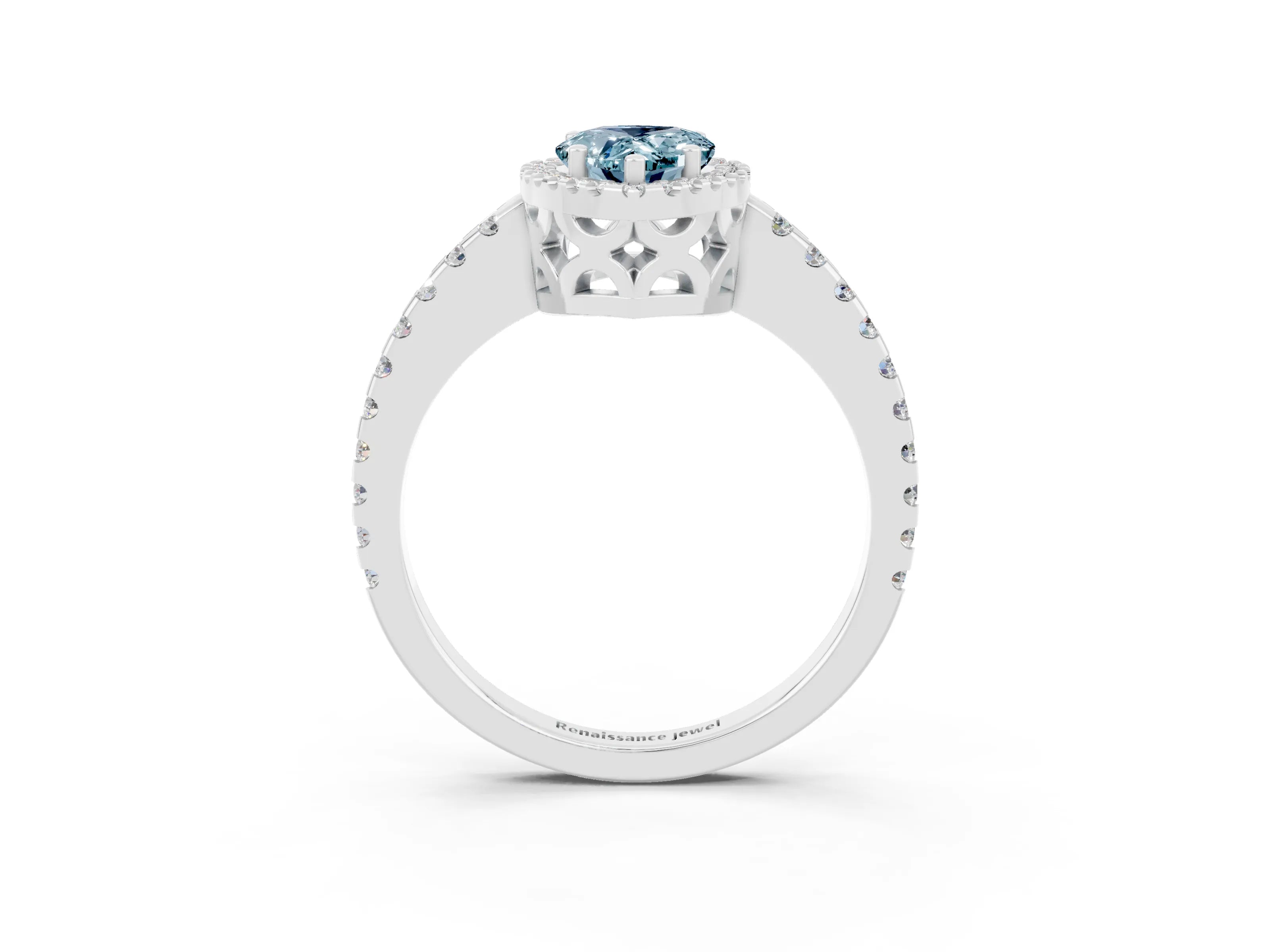 White gold Pear Cut Aquamarine Halo Engagement Ring with Pavé Band and Prong Setting_15