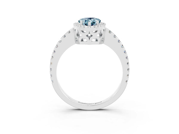 White gold Pear Cut Aquamarine Halo Engagement Ring with Pavé Band and Prong Setting