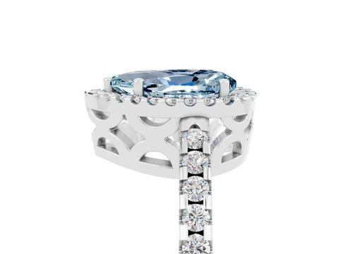 White gold Pear Cut Aquamarine Halo Engagement Ring with Pavé Band and Prong Setting_17