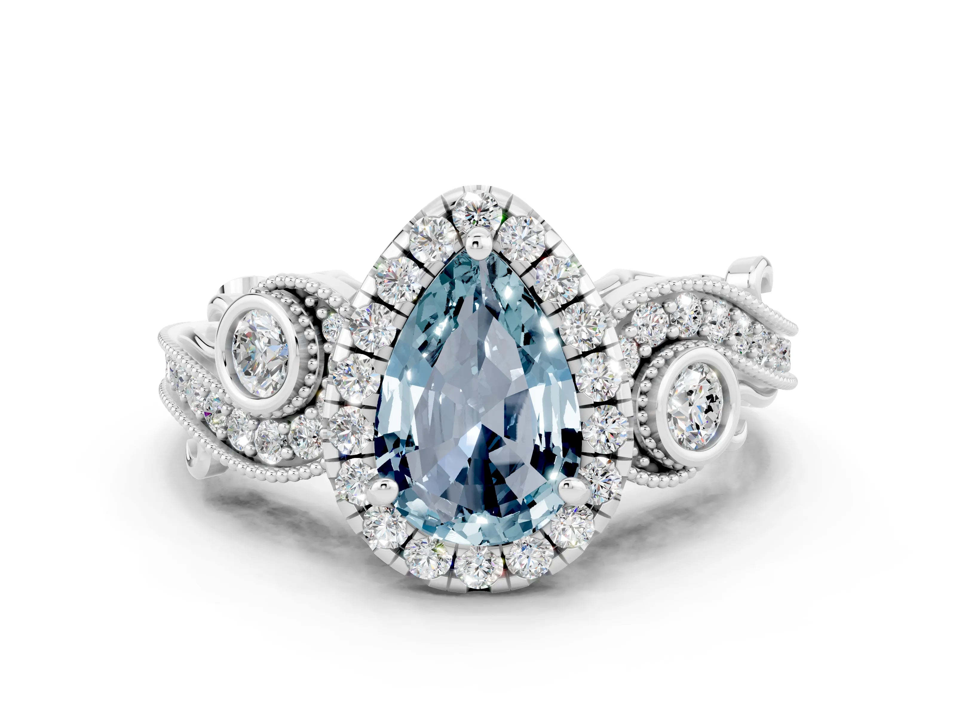 White gold Pear Cut Aquamarine Halo Ring with Milgrain Pavé Band and Four-Prong Setting_12