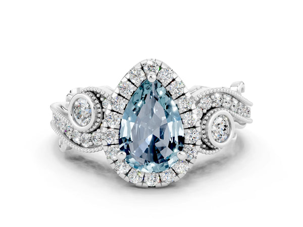 Silver Pear Cut Aquamarine Halo Ring with Milgrain Pavé Band and Four-Prong Setting