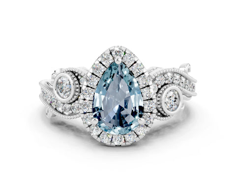 White gold Pear Cut Aquamarine Halo Ring with Milgrain Pavé Band and Four-Prong Setting_12