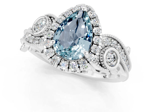 Platinum Pear Cut Aquamarine Halo Ring with Milgrain Pavé Band and Four-Prong Setting