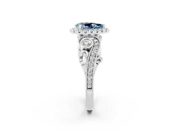 Silver Pear Cut Aquamarine Halo Ring with Milgrain Pavé Band and Four-Prong Setting