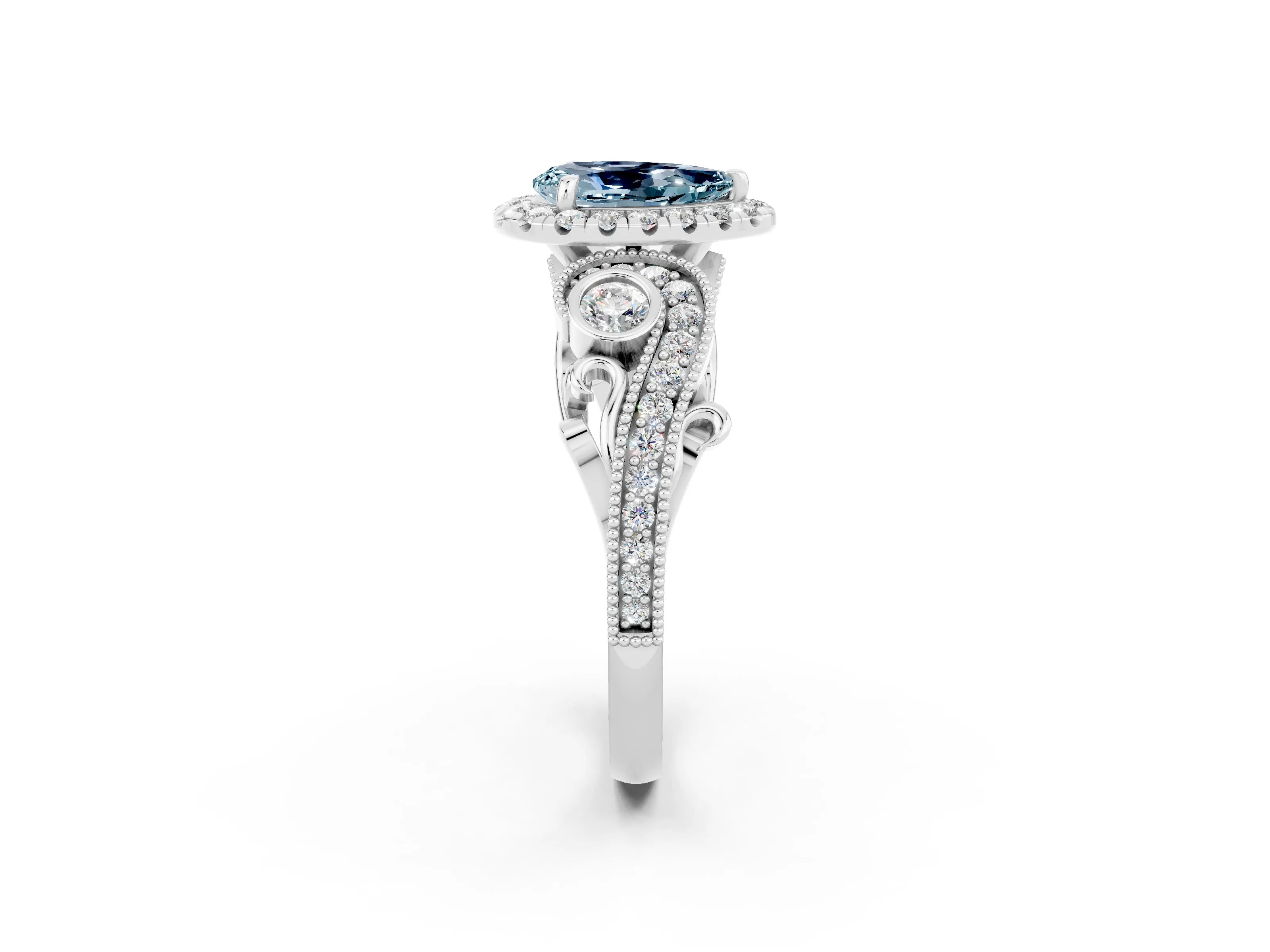 White gold Pear Cut Aquamarine Halo Ring with Milgrain Pavé Band and Four-Prong Setting_14