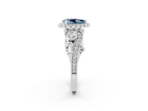 White gold Pear Cut Aquamarine Halo Ring with Milgrain Pavé Band and Four-Prong Setting_14