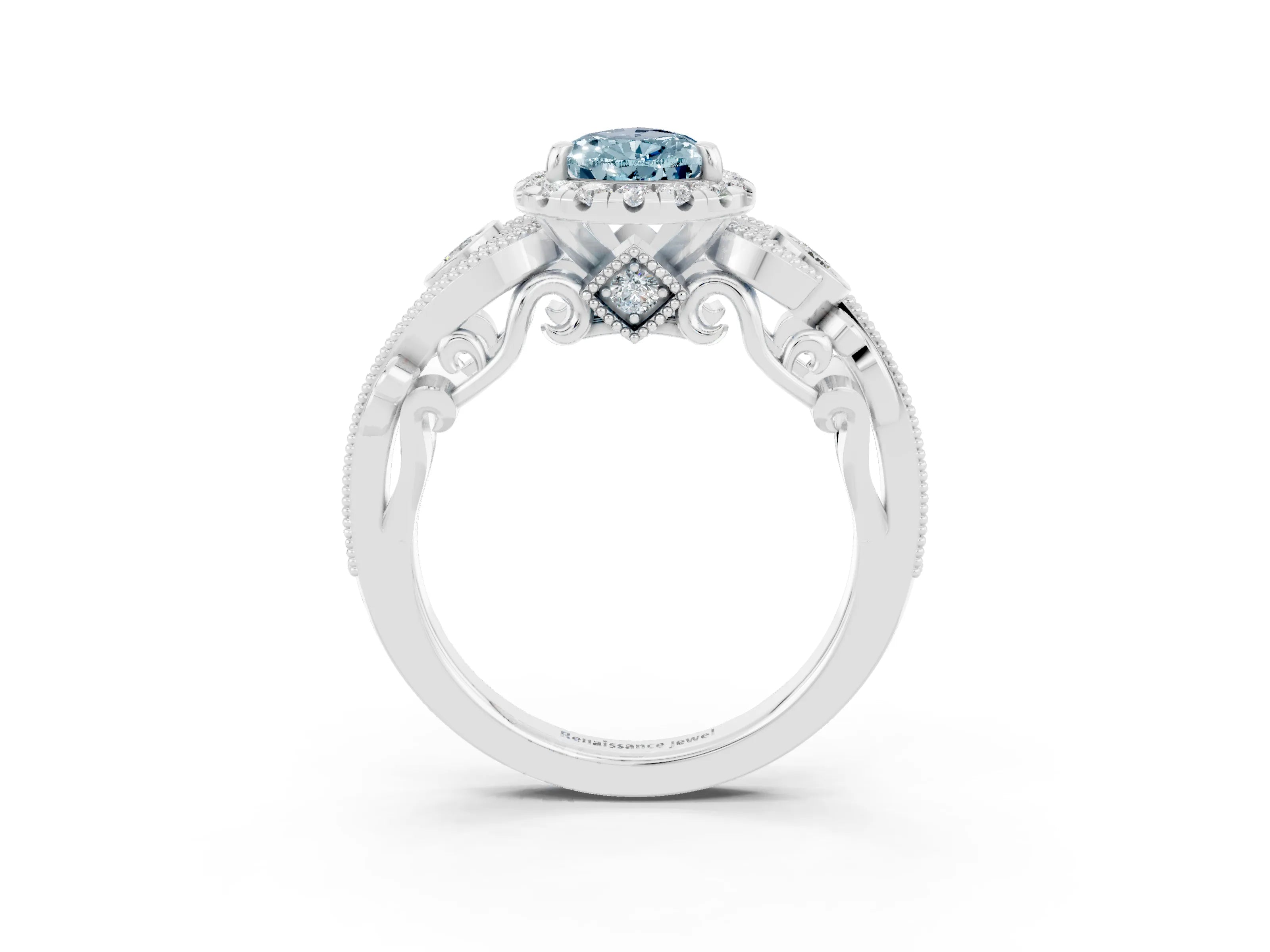 White gold Pear Cut Aquamarine Halo Ring with Milgrain Pavé Band and Four-Prong Setting_15