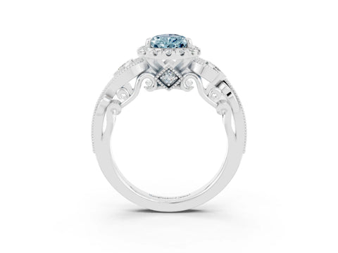 White gold Pear Cut Aquamarine Halo Ring with Milgrain Pavé Band and Four-Prong Setting_15