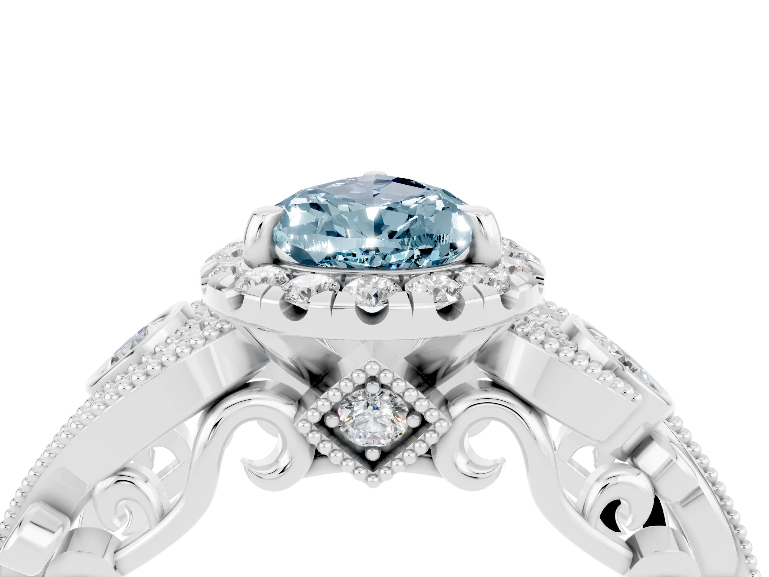 White gold Pear Cut Aquamarine Halo Ring with Milgrain Pavé Band and Four-Prong Setting_16