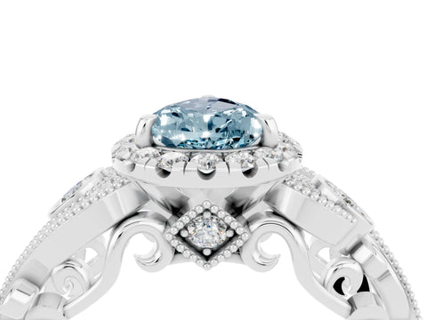 White gold Pear Cut Aquamarine Halo Ring with Milgrain Pavé Band and Four-Prong Setting_16